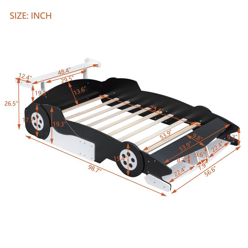 Sleek Full Size Black Race Car Bed with Functional Wheels and Safety Rails