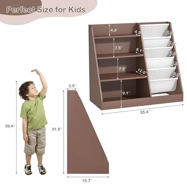 Kids Bookshelf Toy Storage Organizer 4-Tier Wood Book Rack Toddler Bookcase Baby Book Toy Display Shelf 5 Sling Bookshelf