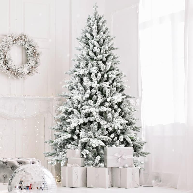 Flocked Artificial Christmas Tree - PE+PVC Snowy Branches, Hinged Structure, Metal Stand - White