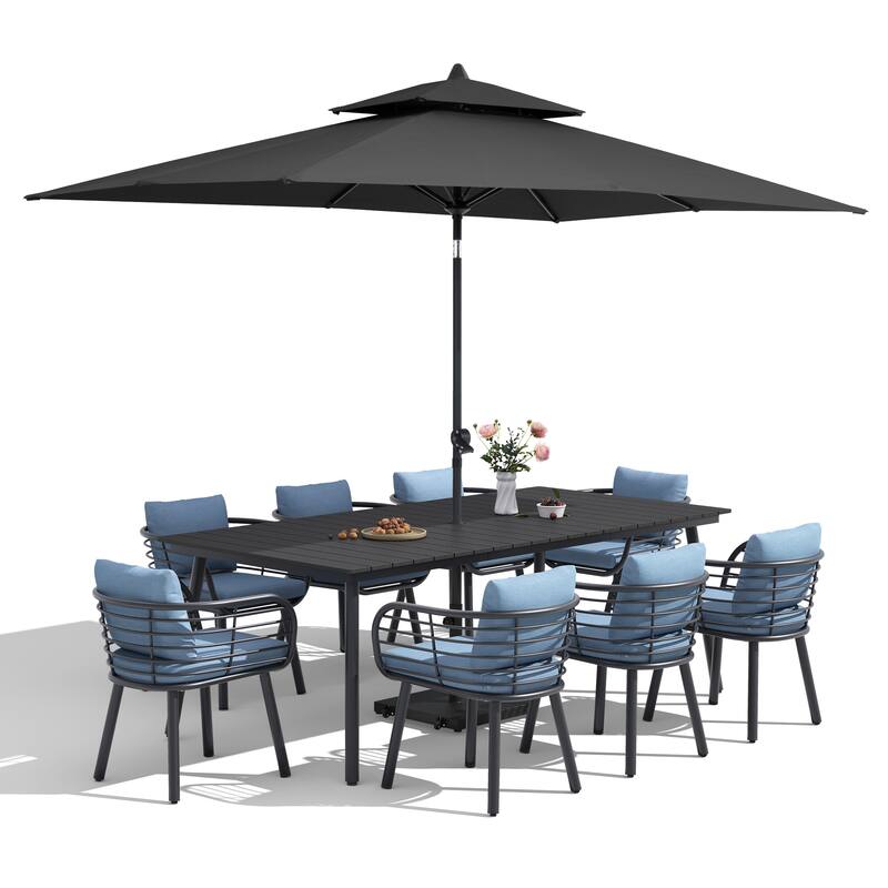 11-Piece Outdoor Patio Dining Set with Sunbrella Cushion Aluminum Dining Table and Chairs w/10 ft Umbrella and Base with Wheels