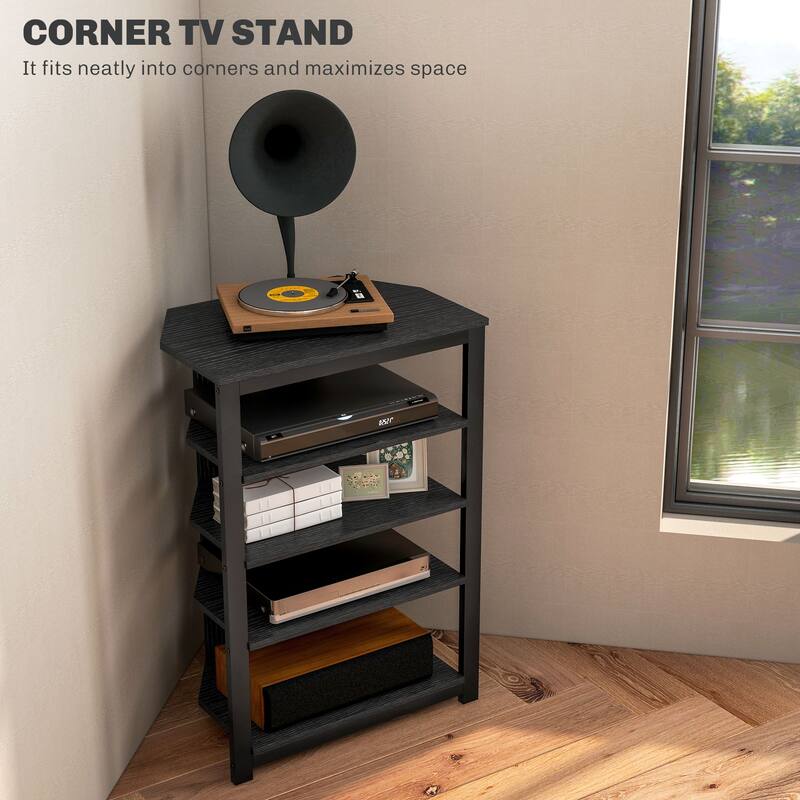 Corner TV Stand with 4 Shelves RGB LED Lighting Steel Frame and Cable Management for Living Room Storage
