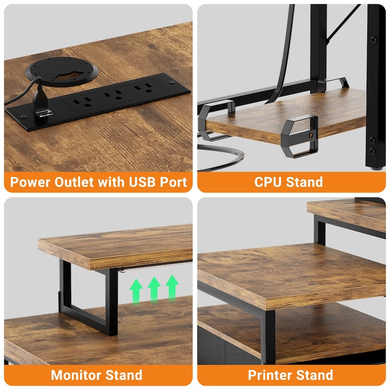 Modern Farmhouse 71'' L Shaped Desk with File Drawers, Reversible Computer Desk with Power Outlets and Smart LED Lights