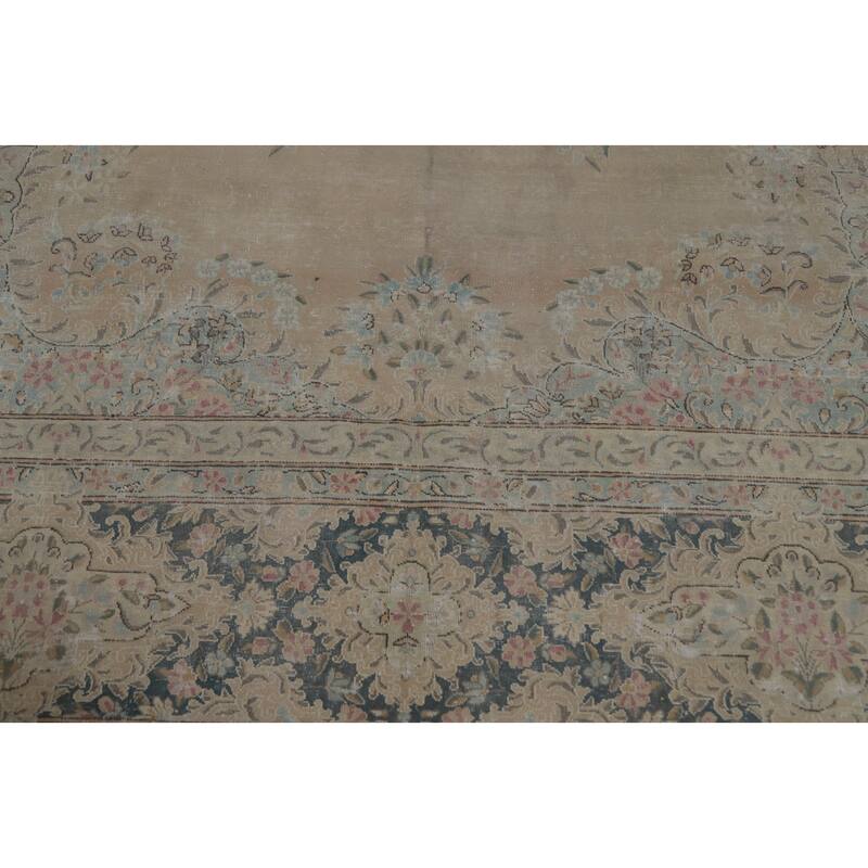 Hand Knotted Oriental 100% Wool Carpet Traditional Floral Beige & Ivories Kerman Area Rug - 14' 1'' X 10' 1''