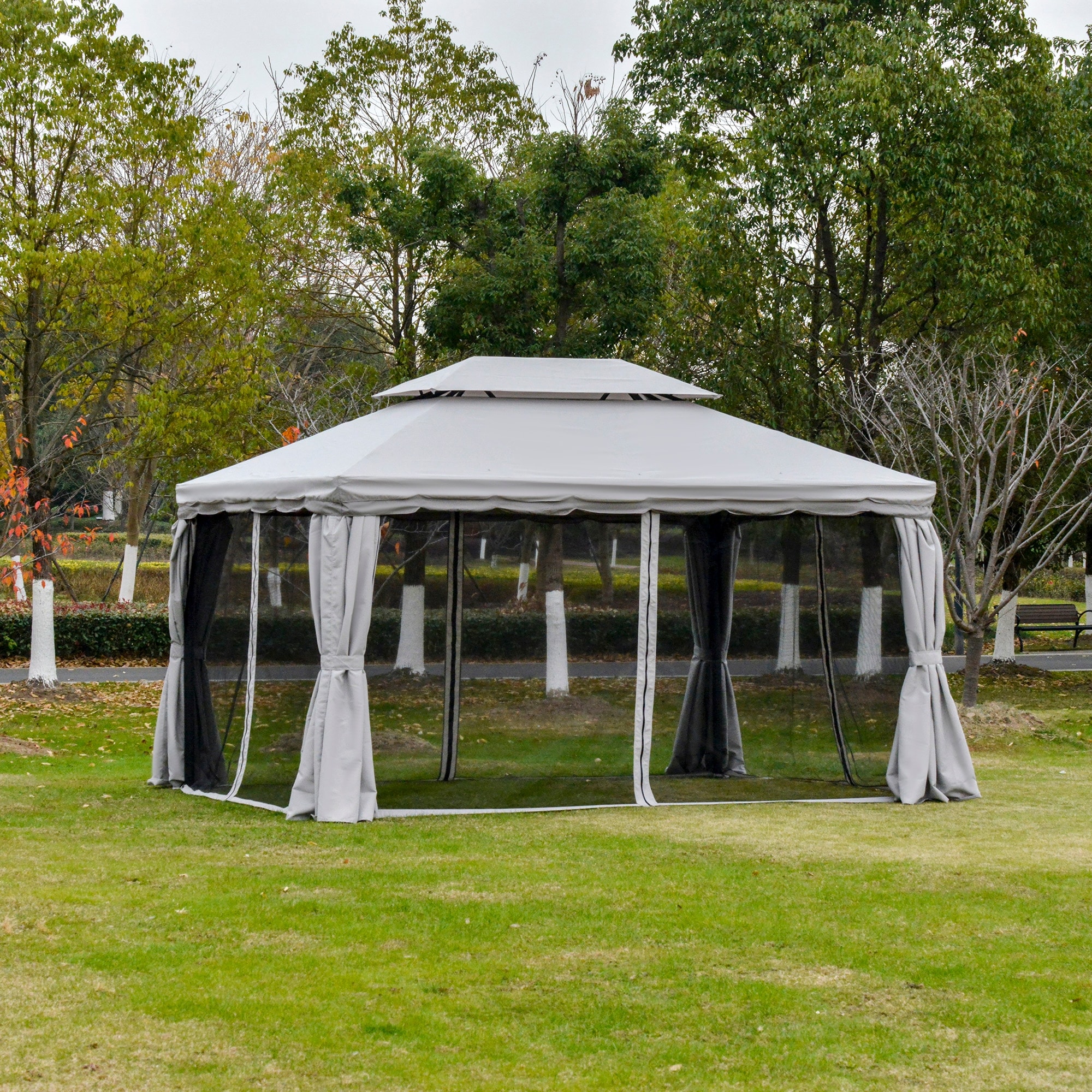 Outsunny  13 x 10 Outdoor Patio Gazebo Canopy with 2-Tier Polyester Roof, Vented Mesh Sidewall, and Aluminum Frame, Grey