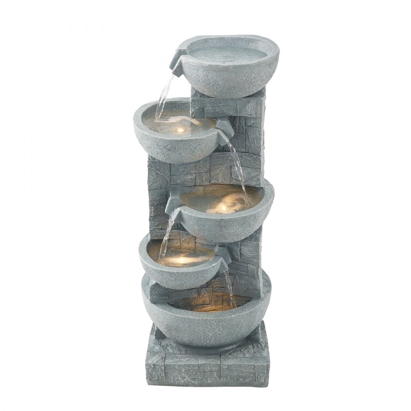 Modern Rock Grey 5-Tier Outdoor Water Fountain with LED Lights for Patio or Garden Decor - 12.99 x 12.20 x 31.50 in