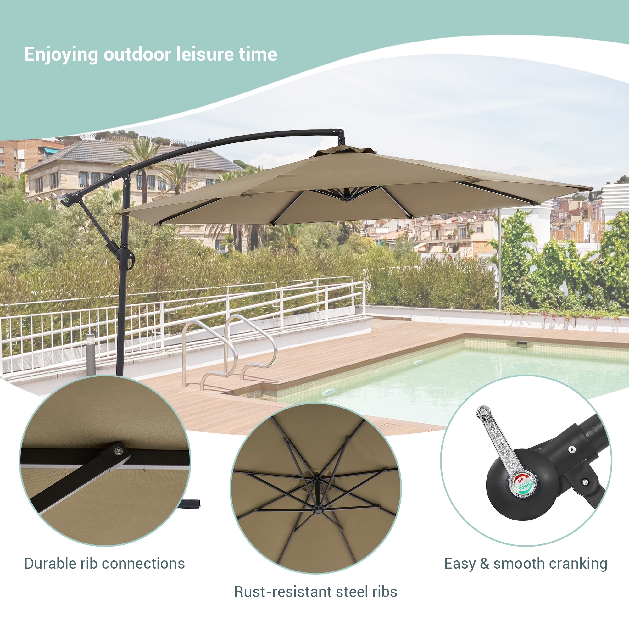 easy up patio umbrella MASTERCANOPY 7.5FT 6Ribs with 32 Solar LED Lights, Outdoor Market Umbrella with Tilt & Crank, UV Protection & Fade Resistant Fabric, Set-Up for Garden, Deck, Pool (Khaki) The 7.5 Foot canopy is supported by 6 steel ribs and stands on a durable steel frame to provide enough shade for 34 45 Degree Tiltable Outdoor Sunshade