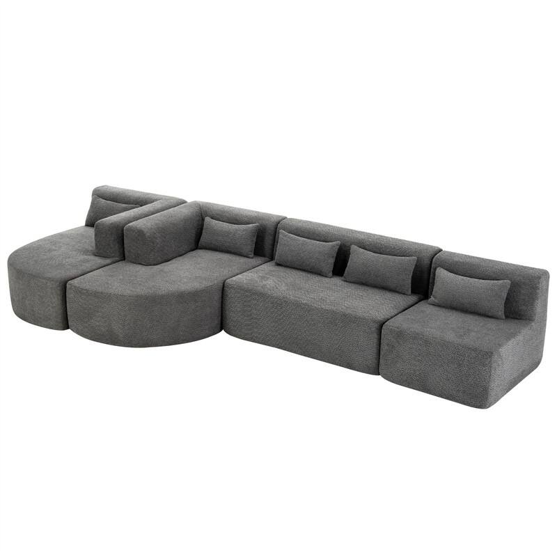 Convertible Sectional Sofa with 2 Curved Chaise Lounges, 143.7" Upholstered Sofa Free-combined Sofa Couch with 5 Back Pillows