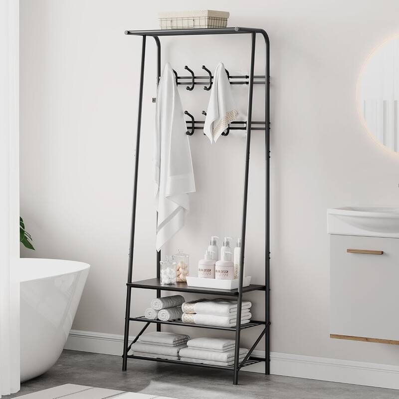 Hall Tree With Shoe Storage Bench, 4-In-1, Steel Frame With 10 Hooks for Entryway, Freestanding Coat Rack Stand for Home - N/A - Black