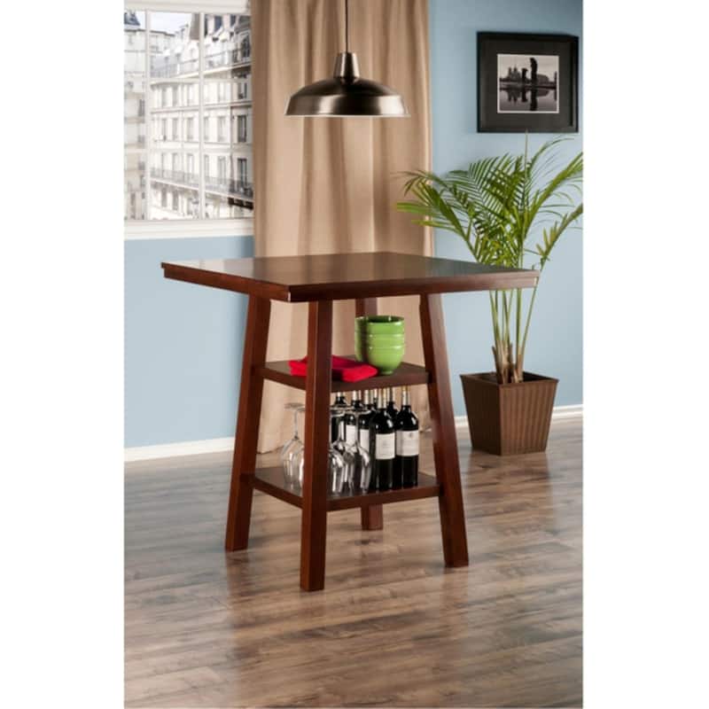 3 Rich Walnut High Table with Shelves Cushion Saddle Seat Stools 36"