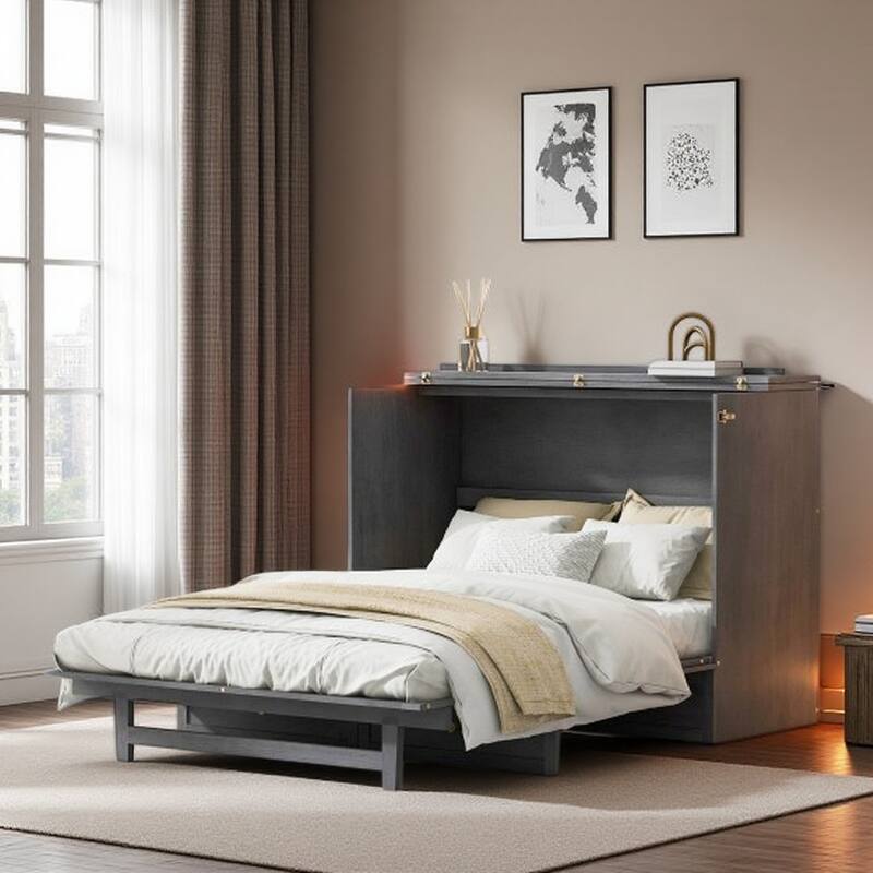 Full Size Murphy Bed with Storage Drawers, USB Ports, and Brushed White Finish, Space-Saving Design, Easy Assembly - Gray