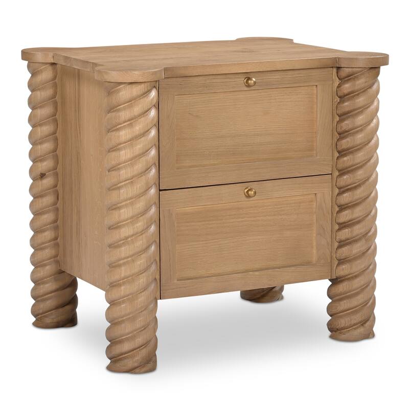 NADAAL STUDIOS Calvert Treccia Nightstand, Solid Oak with Oak Veneer Panels, 2 Drawers, Turned Legs, Natural Finish