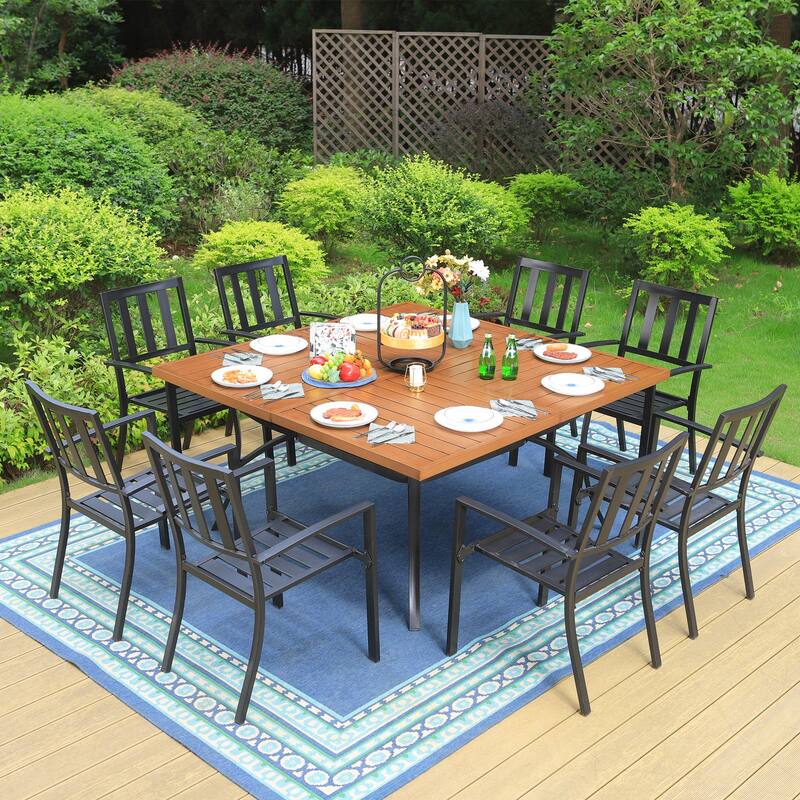 9Piece Patio Dining Set, 60 Inch Square Metal Table and 8 Metal Dining