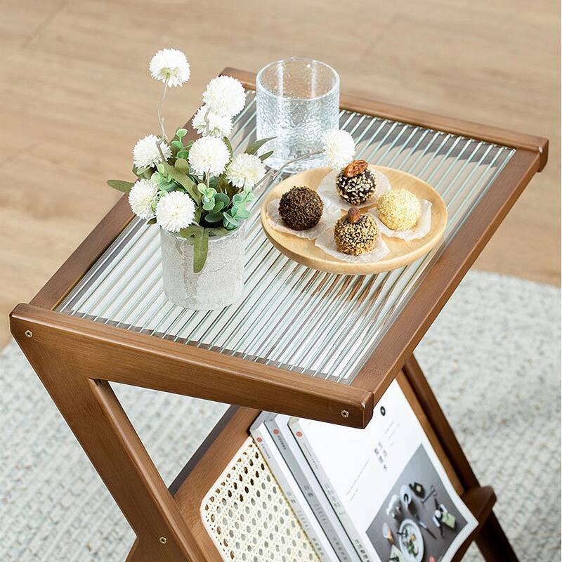 Rattan Nightstand Side Table, Bamboo Accent Bedside Tables, Glass Coffee Tables, Boho End Table with Storage