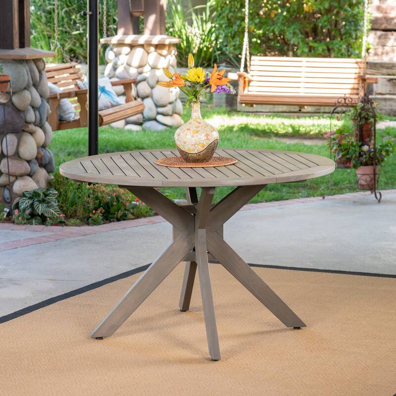Roomfitters Stanford Outdoor Round Acacia Wood Dining Table with X-Base, Slat Top, Grey - Grey