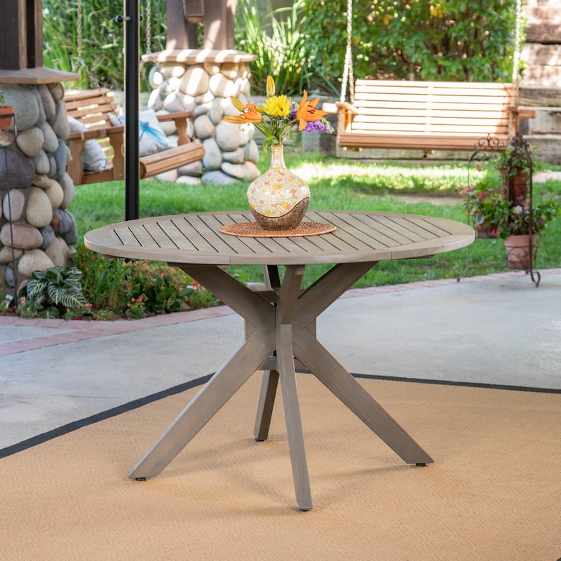 Stanford Outdoor Round Acacia Wood Dining Table with X Base, Gray Finish