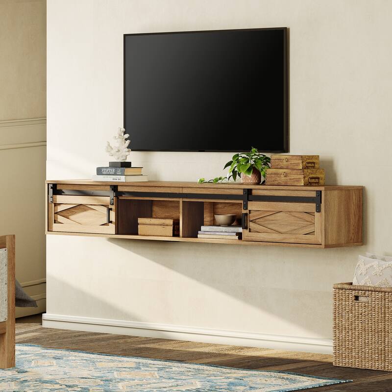 WAMPAT Floating TV Stand for TVs up to 80 Inch with Sliding Barn Door - Cherry