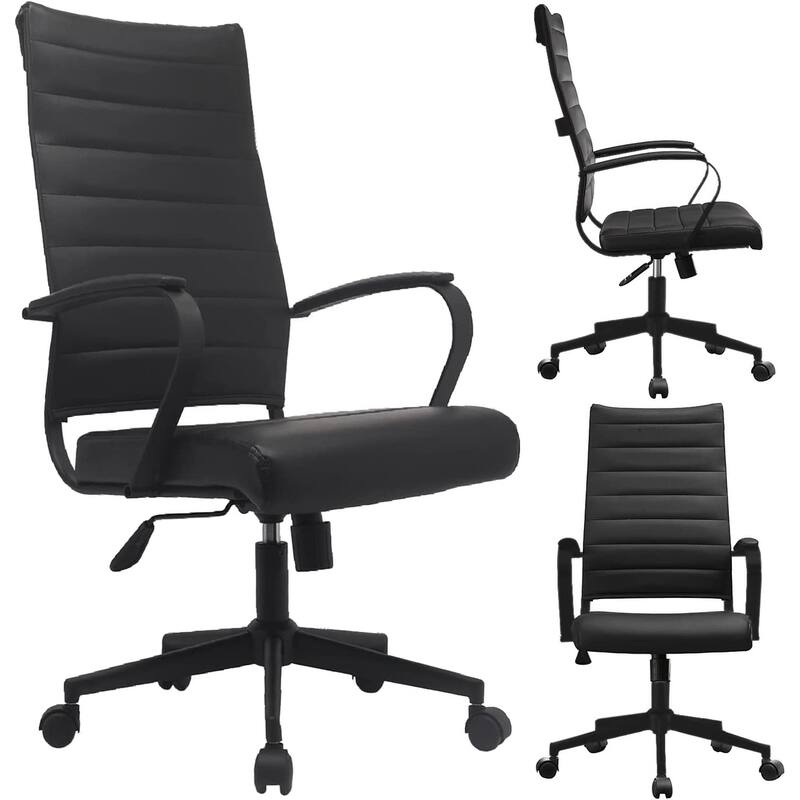 Modern High Back Office Chair Ribbed PU Leather Swivel Tilt Conference Room Computer Desk Cushion Seat Boss - All Black