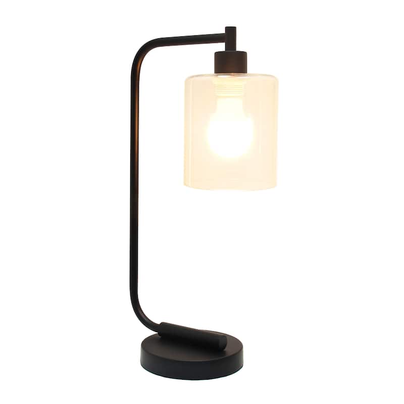 Simple Designs 18.8" Iron Lantern Desk Table Lamp with Glass Shade, Antique Brass, With LED Bulb