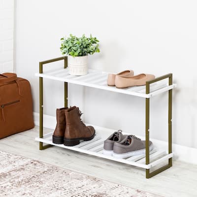 2-Tier Tubular Metal Shoe Rack, Olive and White