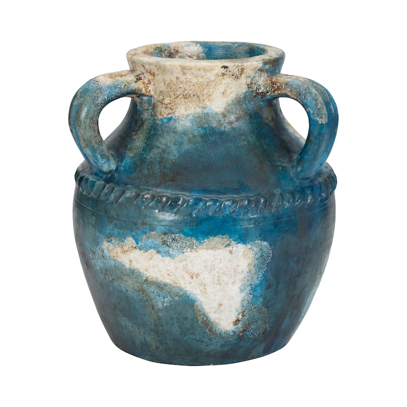 Pottery Terracotta Vase with Rustic Textured and Triple Handles Design - 9" x 9" x 10" - 2 Toned Multi