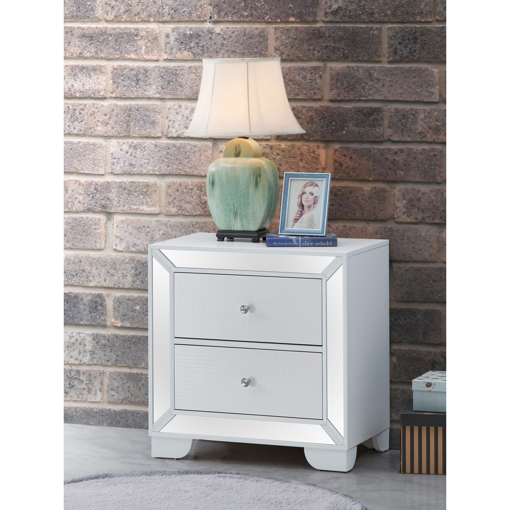 Roomfitters 2-Drawer Nightstand, White Wood, Mirror Trim, Fully Assembled Glam Modern End Table