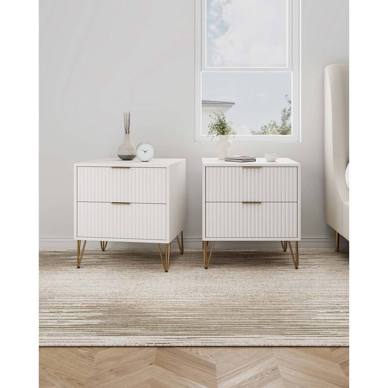 Manhattan Comfort Dumbo Mid Century 2 Drawer Nightstand Set of 2. - White