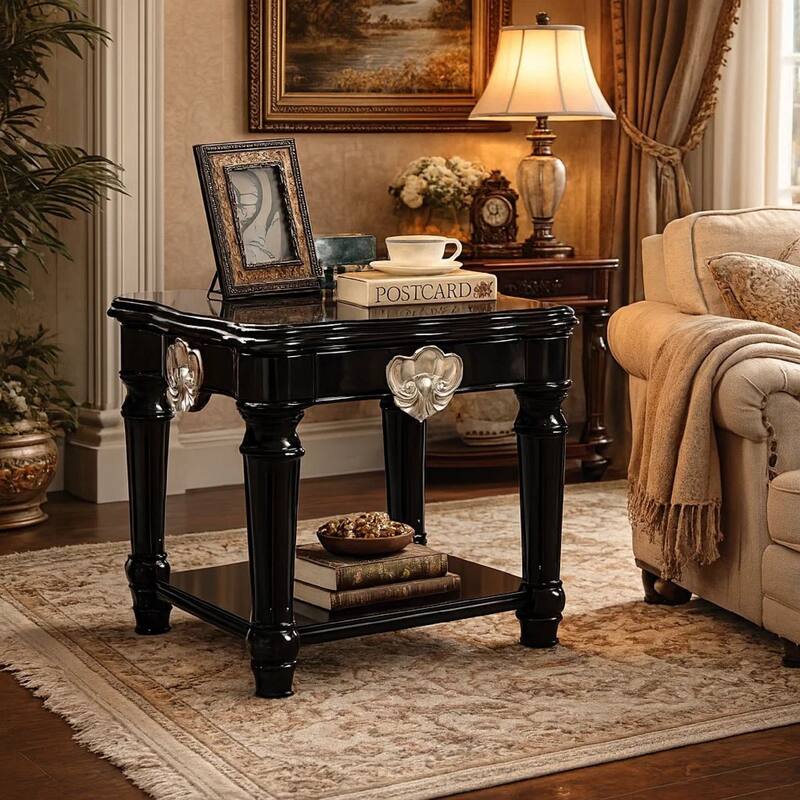 Wooden End Table With Contrast Carved Motif Turned Legs, Black