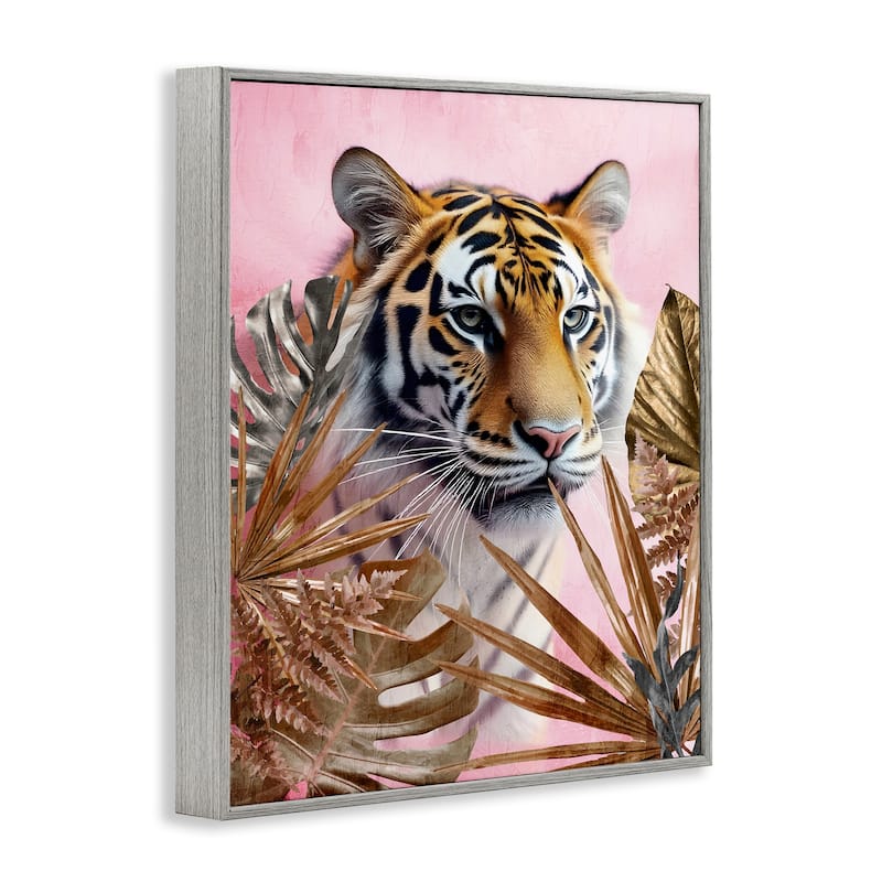 Stupell Exotic Tiger with Gold Leaves Framed Giclee Art Design By Kim Allen