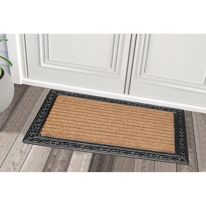 A1HC Rubber and Coir Striped Border Durable Double Door Doormat Black/Beige - 30"X48"