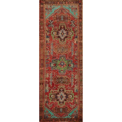 Hand Knotted Oriental 100% Wool Carpet Traditional Geometric Red Heriz Runner Rug - 10' 4'' X 3' 0''