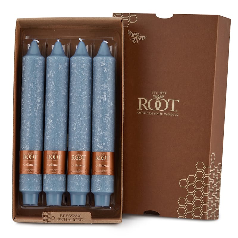 Root Unscented 9 In. Timberline™ Collenette Taper Candles box of 4 - 9 X 1-1/4 - Williamsburg Blue