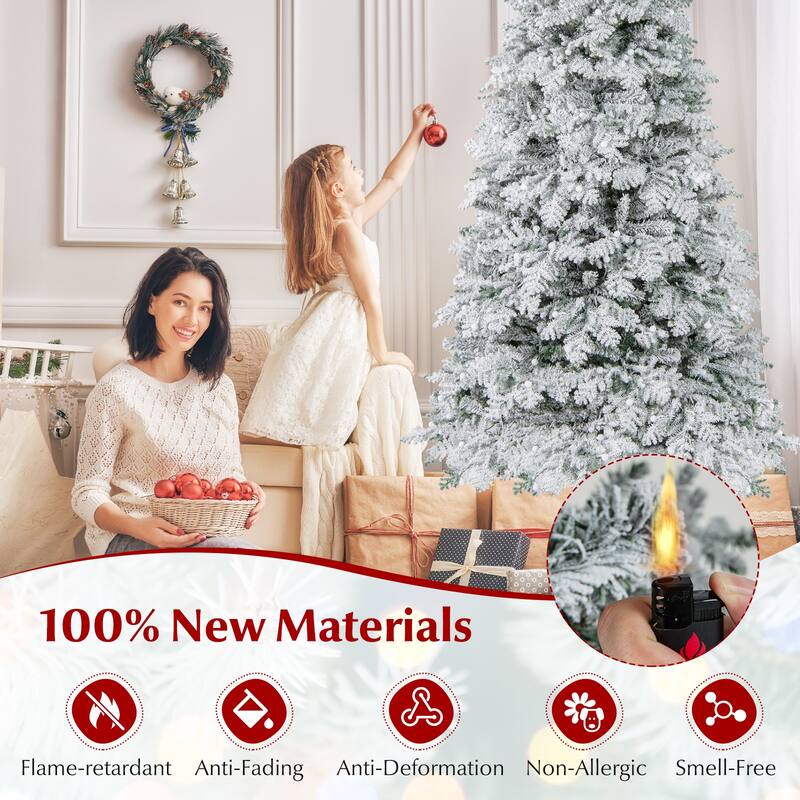 Costway 6/7 FT Artificial Snow-flocked Christmas Tree with 130 Balls, - See Details