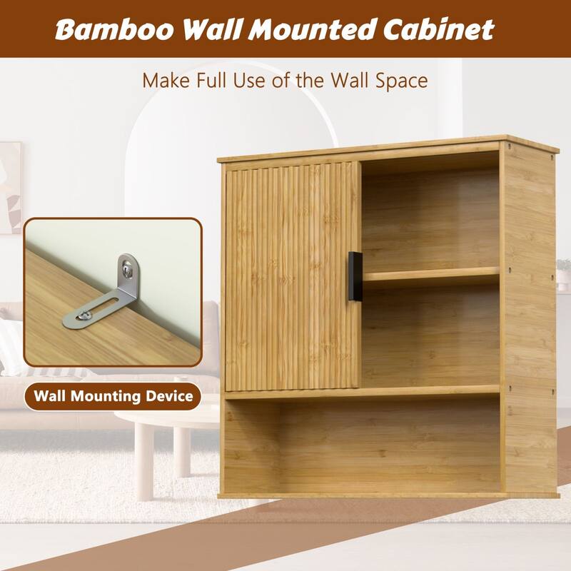 VEIKOUS Bamboo Wall Mounted Cabinet, Over Toilet Bathroom Organizer with Sliding Doors