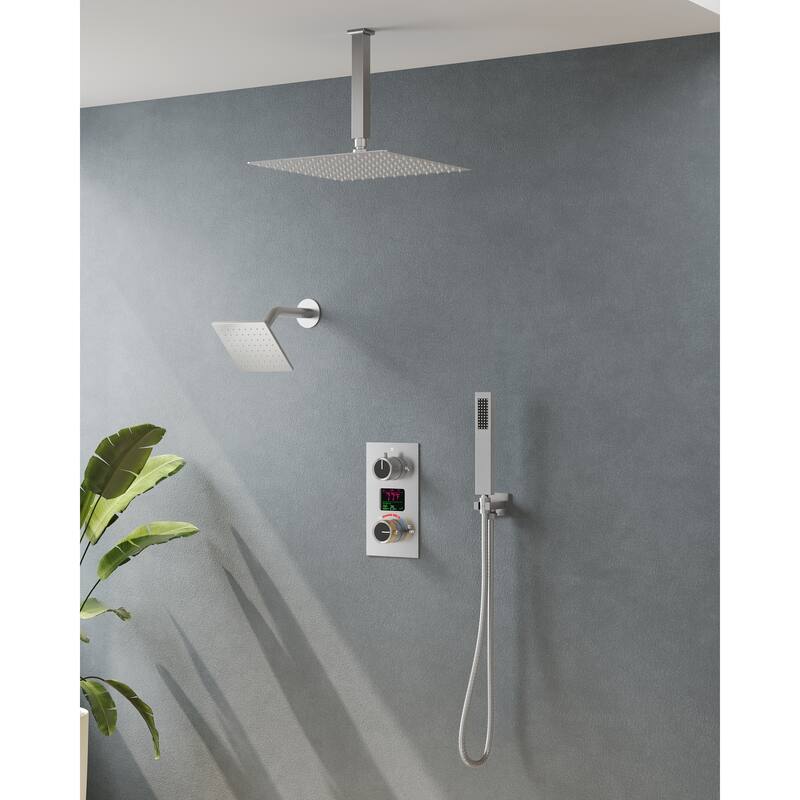 LCD Temperature Display Shower System, Dual Shower Heads Pressure Balance Shower Faucet Set - Brushed Nickel