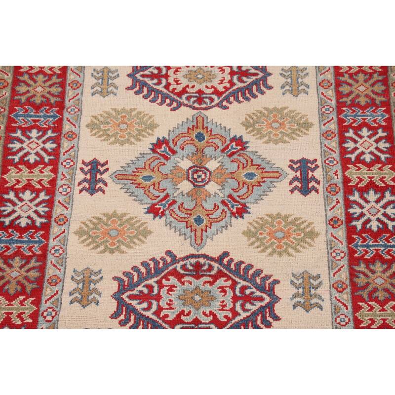 Geometric Ivory Kazak Oriental Accent Rug Hand-Knotted Wool Carpet - 3'5"x 4'11"