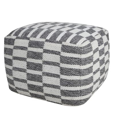 18" White and Gray Checkered Square Pouf Ottoman