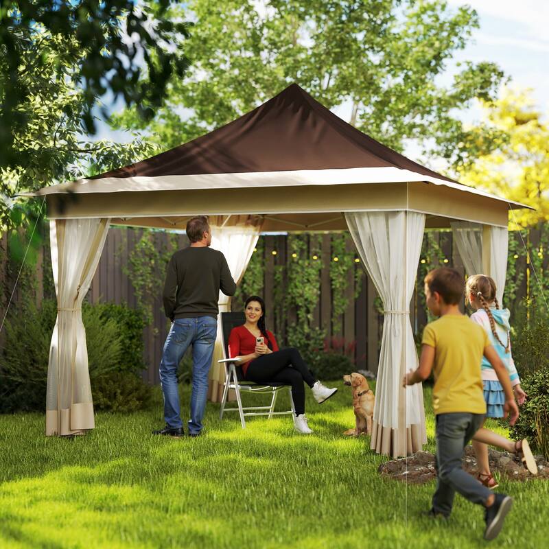 Large Brown Outdoor Adjustable Height Pop-Up Canopy Tent with Mesh Walls and UV Protection - 140.6" L x 140.6" W x 122" H