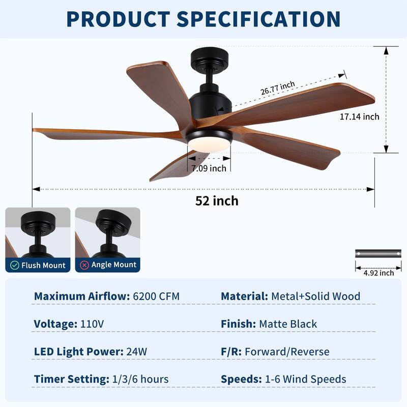 52 inch Natural Style Cozy Solid Wood White Ceiling Fan with Light, Quiet DC Motor