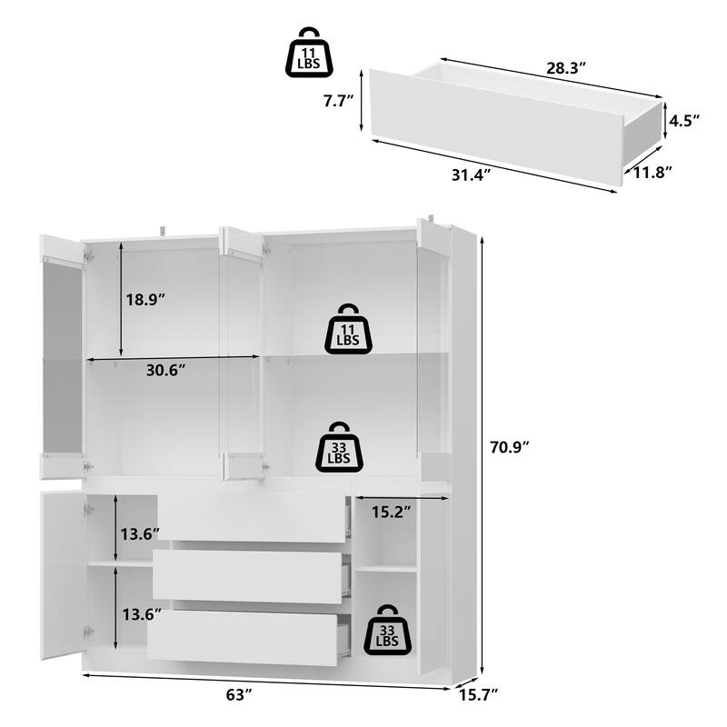 Modular Large display case,Bar Cabinet with glass doors,drawers,lights