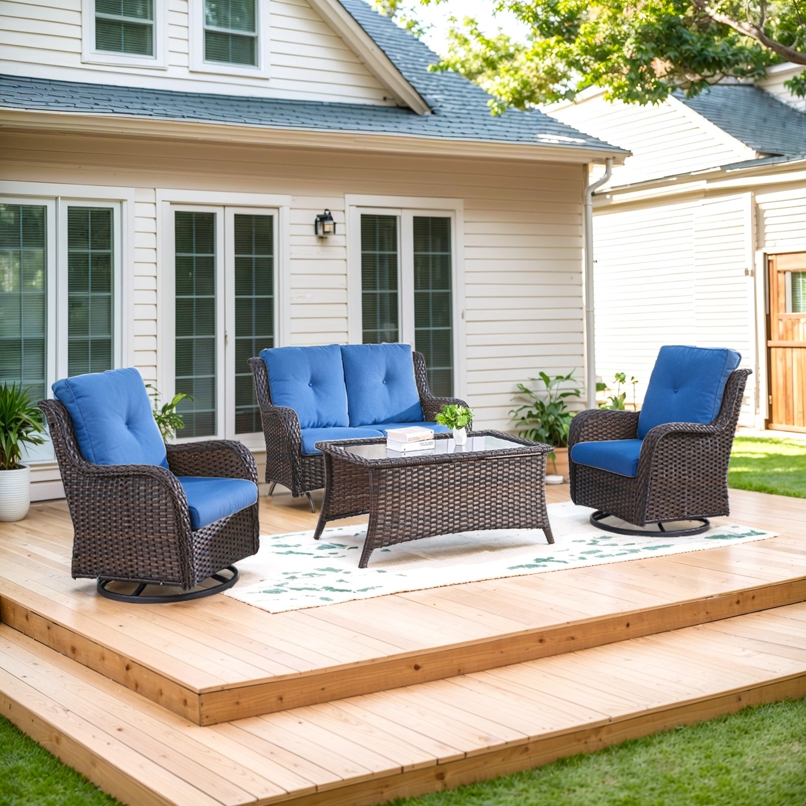 Patio Loveseat Wicker Sofa and Swivel Chair with Table - Blue cushion - Brown