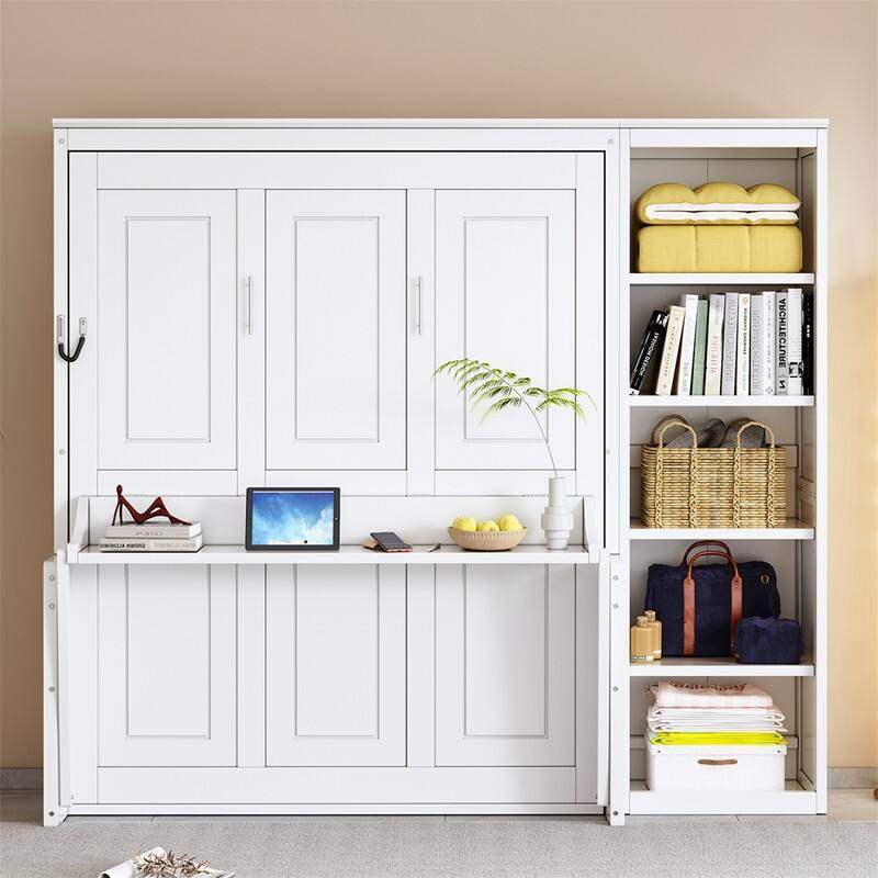 Full/Queen Size Murphy Bed with Bulit-in Desk and Bookshelf, Foldable Murphy Cabinet Bed with Open Storage Shelves