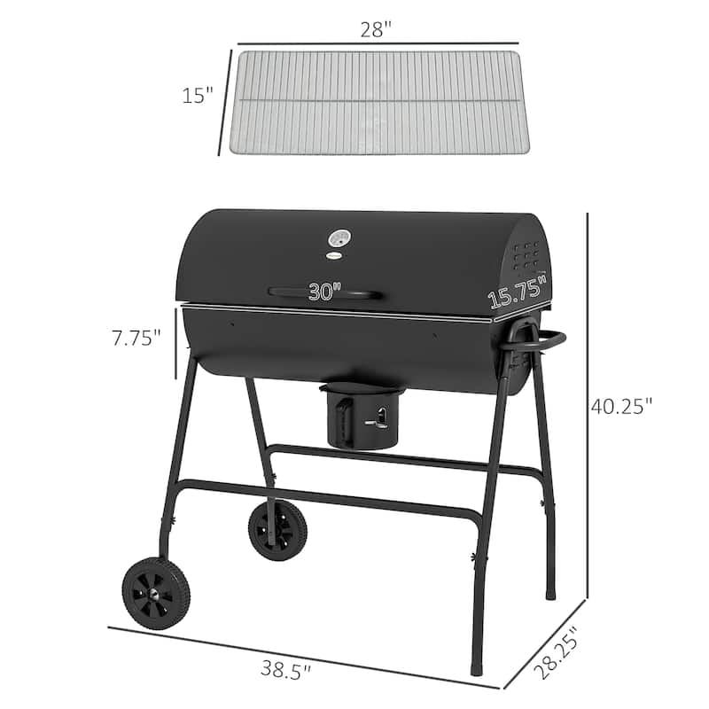 Barrel Charcoal BBQ Grill with 420 sq.in. Cooking Area, Outdoor Barbecue with Wheels, Ash Catcher and Built-in Thermometer