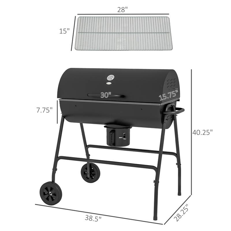 Charcoal BBQ Grill Outdoor Barbecue with Wheels, Ash Catcher and Built-in Thermometer, for Patio Picnic, Backyard Party