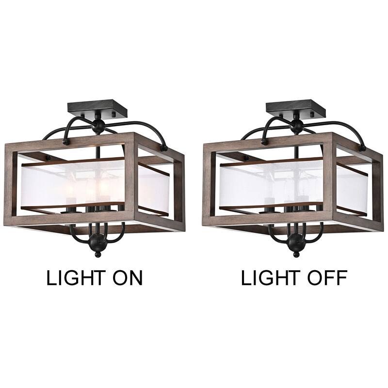 Alina Antique Black Metal Natural Wood Flush Mount with Fabric Shade