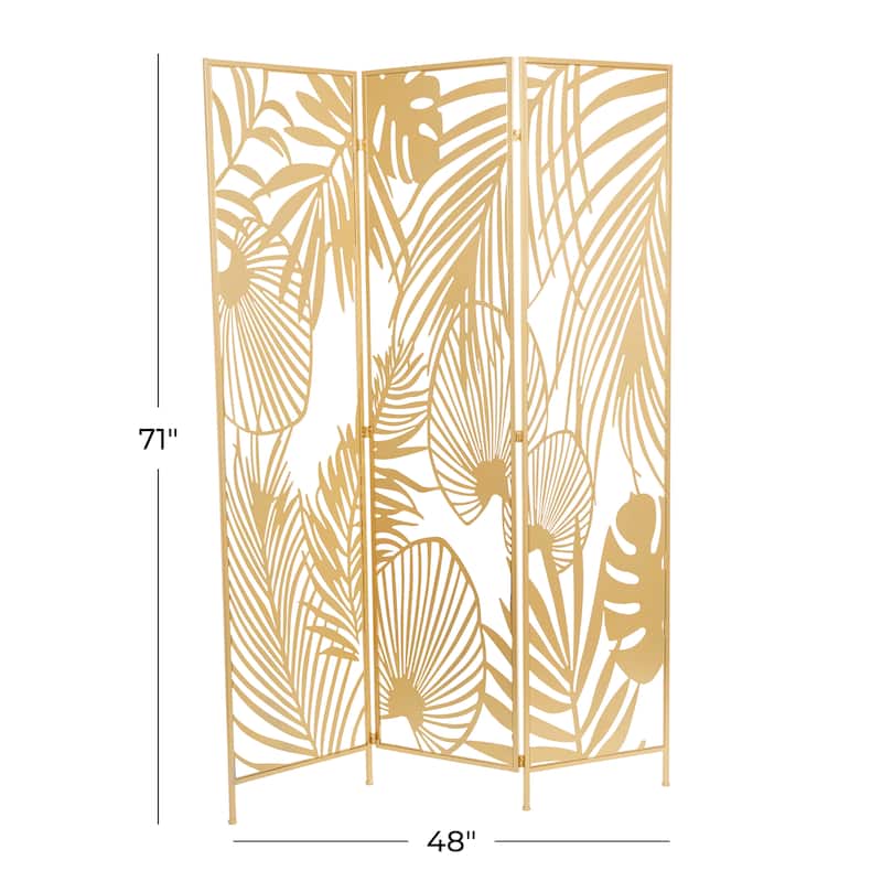 Metal Foldable Partition Cutout Palm Leaf 3 Panel Room Divider Screen - Gold - Roche River Decor - 1"Wx48"Lx71"H