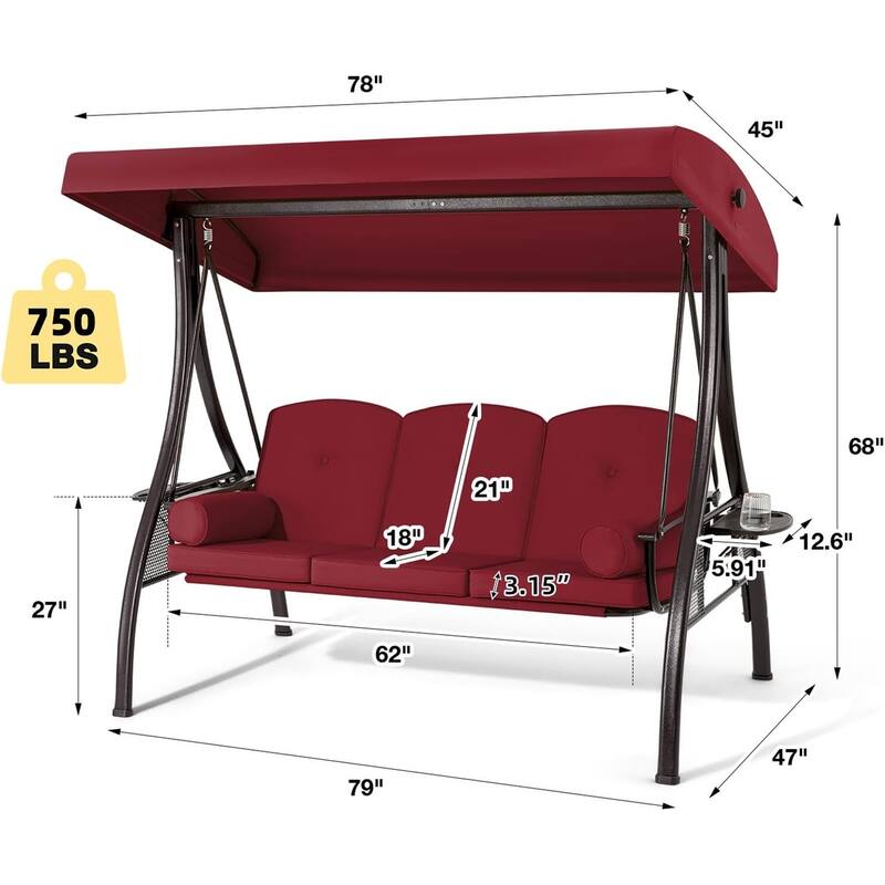 Outdoor 3-Seat Porch Swing with Adjustable Canopy & Cup Holder,Porch Swing Glider Chair, Heavy-Duty Steel Frame