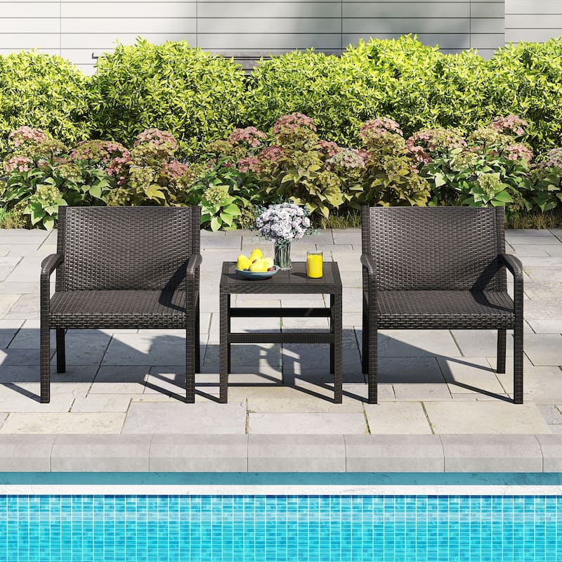 3 Piece Black PP Rattan Patio Chairs with Side Table for Outdoor Seating - Chair: 25" x 23" x 30.5"