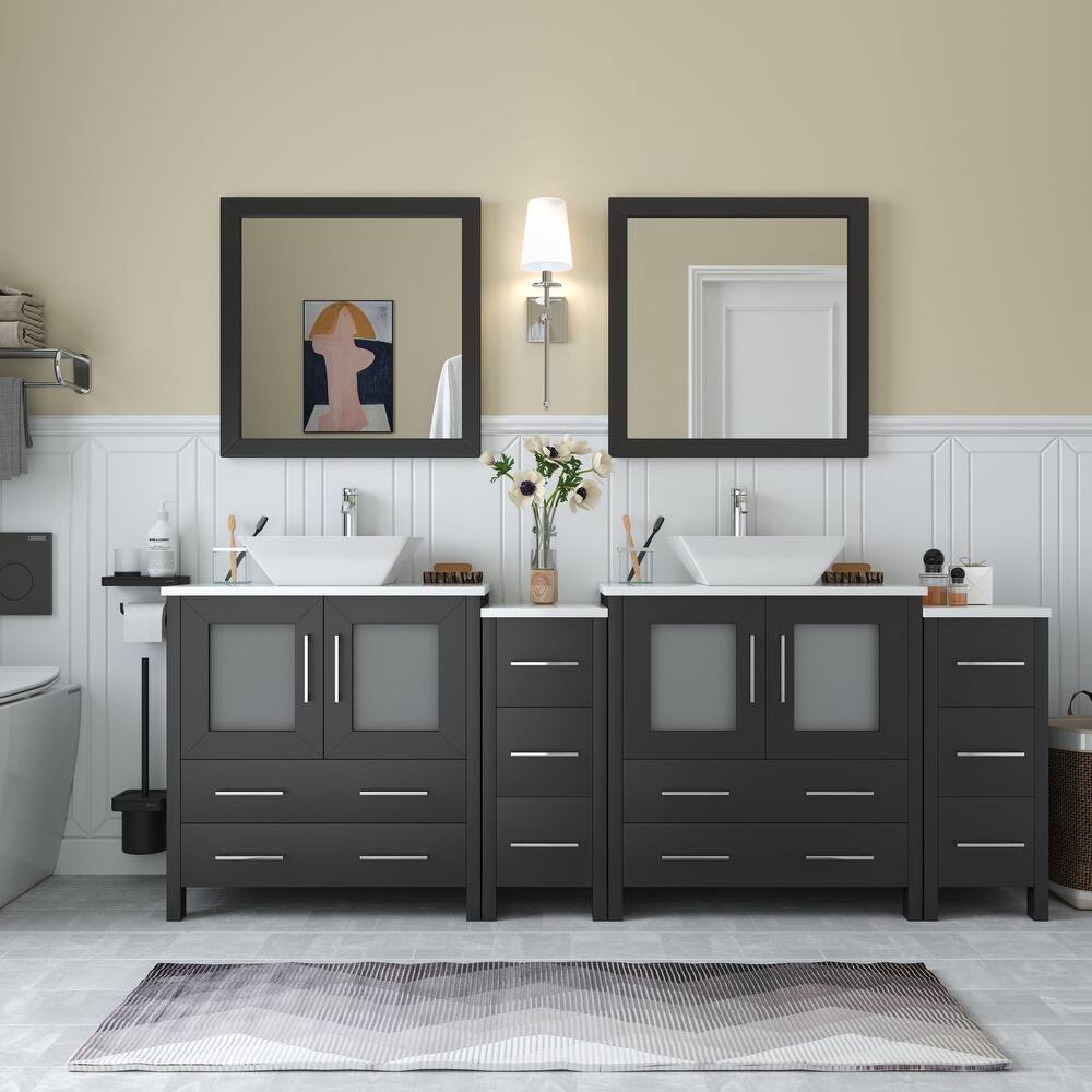 Vanity Art 84-inch Double Sink Bathroom Vanity Set with Engineered Marble Top and Free Mirror - 84 x 18.5 x 36 Inches