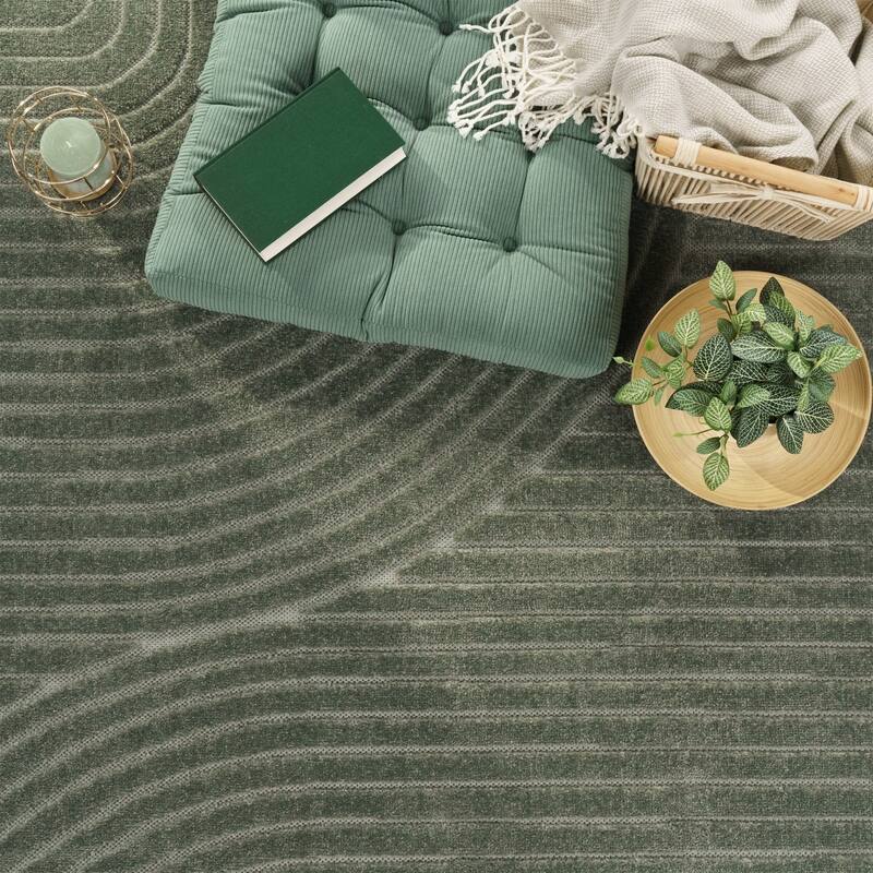 Minimalist In- & Outdoor Rug Boho with Curved Line Pattern in Silver Cream