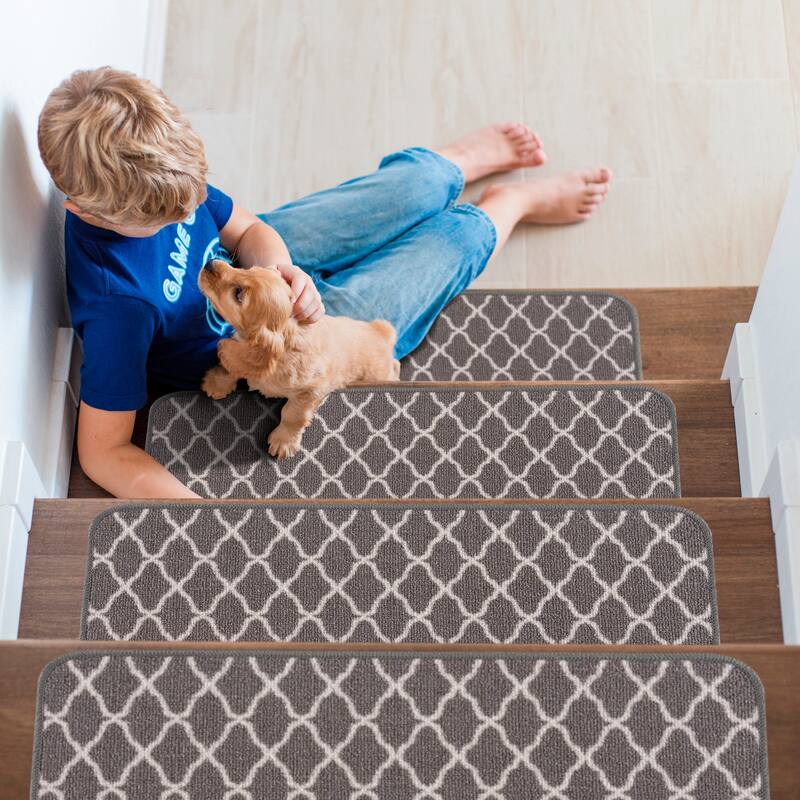 Beverly Rug Non Slip Stair Treads with Anti-Skid Rubber Backing, Trellis Design, 8.5''x 26'' - Set of 15 - Grey